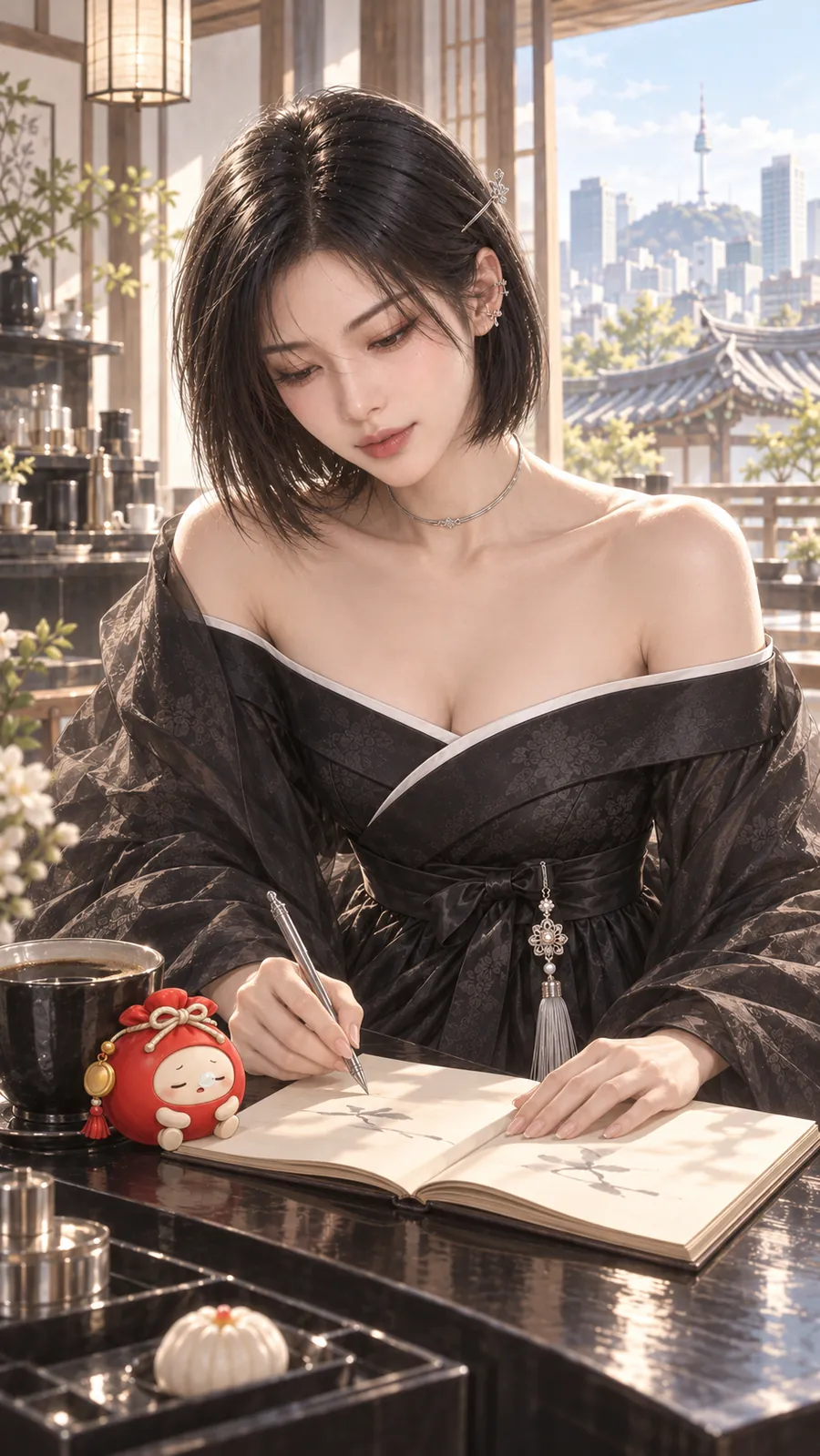 검은 탁자에서 은 펜으로 쓰는 라희