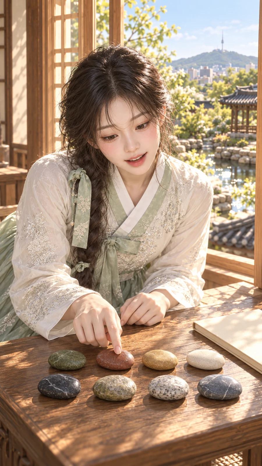 탁자 위 여덟 개의 돌 가운데 하나를 짚으며 웃는 소린